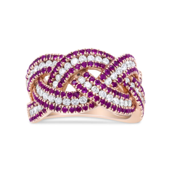 18K Rose Gold Red Ruby and 7/8 Cttw Diamond Woven Braided Band Ring (F-G Color, VS1-VS2 Clarity) - Ring Size 7