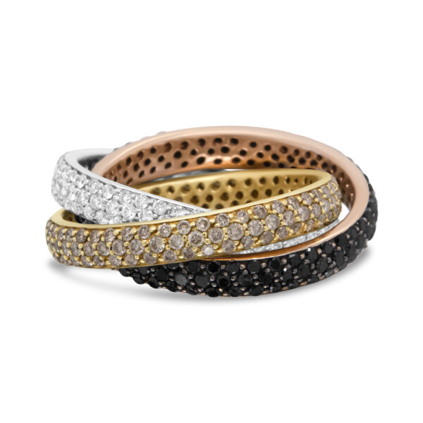 18K Tri-Color Gold 3 5/8 Cttw Diamond Interlocking Stackable Band Ring Set (Champagne, Black, and F-G Color, VS1-VS2 Clarity) - Ring Size 7.5