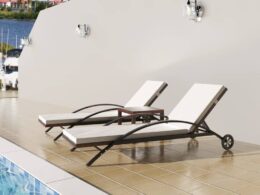 vidaXL Sun Loungers with Table Poly Rattan Brown