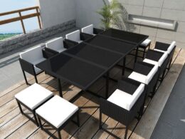 vidaXL 13 Piece Patio Dining Set with Cushions Poly Rattan Black