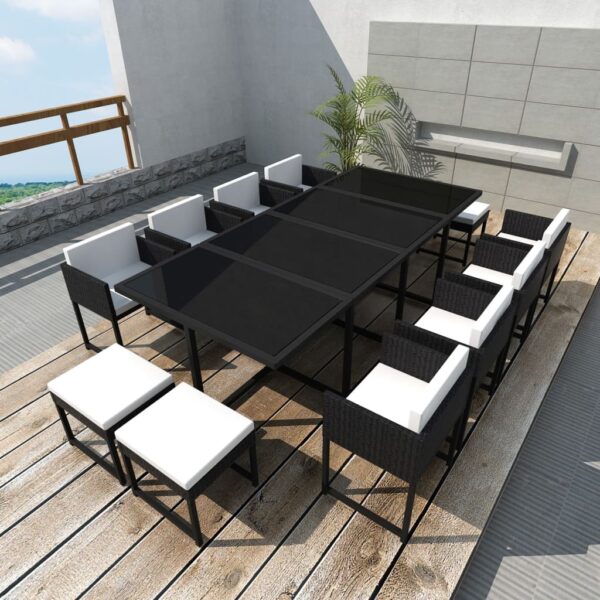 vidaXL 13 Piece Patio Dining Set with Cushions Poly Rattan Black