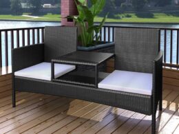 vidaXL 2-Seater Patio Sofa with Tea Table Poly Rattan Black