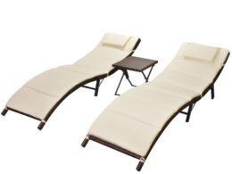 vidaXL Folding Sun Loungers 2 pcs with Table Poly Rattan Brown