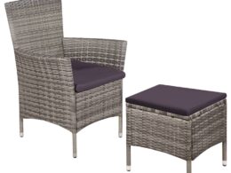vidaXL Patio Chair and Stool with Cushions Poly Rattan Gray