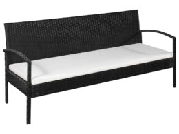 vidaXL 3 Seater Patio Sofa with Cushions Black Poly Rattan