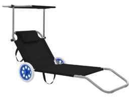 vidaXL Folding Sun Lounger with Canopy and Wheels Steel Black