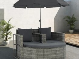 vidaXL 2 Seater Patio Sofa with Cushions and Parasol Gray Poly Rattan