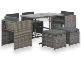 vidaXL 7 Piece Patio Dining Set with Cushions Poly Rattan Gray