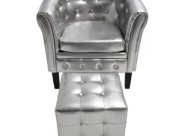 vidaXL Tub Chair with Footstool Silver Faux Leather