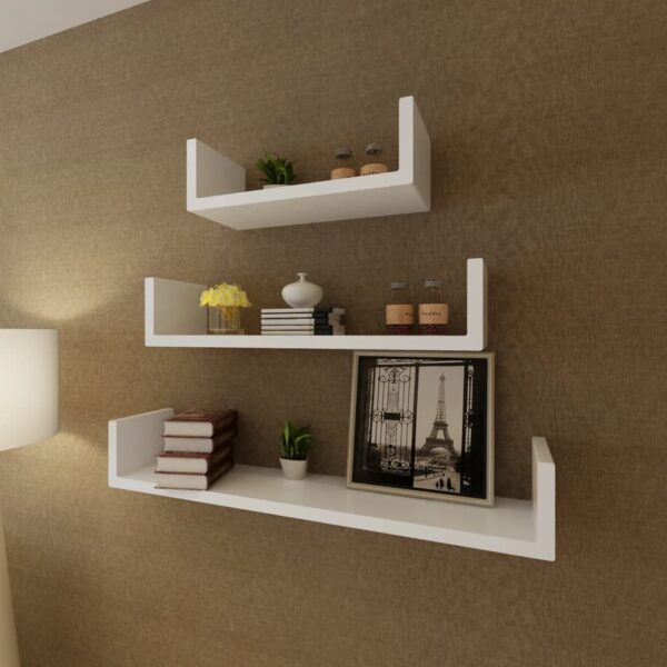 3 White MDF U-Shaped Floating Wall Display Shelves Book/DVD Storage