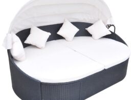 vidaXL Patio Lounge Bed with Canopy Poly Rattan Black