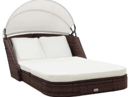 vidaXL Sun Lounger with Canopy Poly Rattan Brown