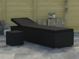 vidaXL Sun Lounger with Cushion and Tea Table Poly Rattan Black