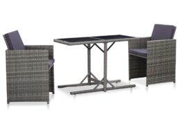 vidaXL 3 Piece Bistro Set with Cushions Poly Rattan Gray