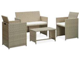 vidaXL 4 Piece Patio Lounge Set with Cushions Beige Poly Rattan