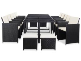 vidaXL 15 Piece Patio Dining Set with Cushions Poly Rattan Black