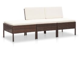 vidaXL 3 Piece Patio Lounge Set with Cushions Poly Rattan Brown