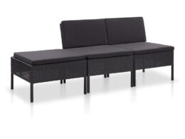 vidaXL 3 Piece Patio Lounge Set with Cushions Poly Rattan Black