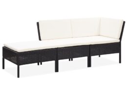 vidaXL 3 Piece Patio Lounge Set with Cushions Poly Rattan Black