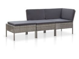 vidaXL 3 Piece Patio Lounge Set with Cushions Poly Rattan Gray
