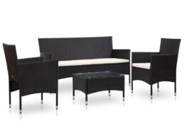 vidaXL 4 Piece Patio Lounge Set With Cushions Poly Rattan Black