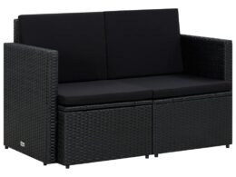 vidaXL 2 Seater Patio Sofa with Cushions Black Poly Rattan