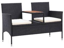 vidaXL 2-Seater Patio Bench with Tea Table 56.3" Poly Rattan Black