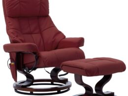 vidaXL Massage Recliner with Ottoman Wine Red Faux Leather and Bentwood