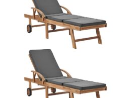 vidaXL Sun Loungers with Cushions 2 pcs Solid Teak Wood Dark Gray