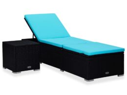 vidaXL Sun Lounger with Cushion and Tea Table Poly Rattan Blue