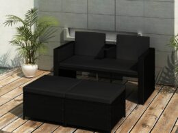 vidaXL 3 Piece Patio Lounge Set with Cushions Poly Rattan Black