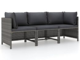 vidaXL 3-Seater Patio Sofa with Cushions Gray Poly Rattan