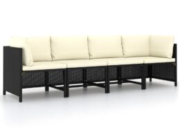 vidaXL 4-Seater Patio Sofa with Cushions Black Poly Rattan