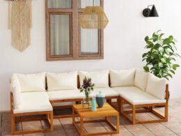vidaXL 7 Piece Patio Lounge Set with Cushion Cream Solid Acacia Wood