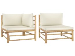 vidaXL 2 Piece Patio Lounge Set with Cream White Cushions Bamboo