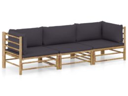 vidaXL 3 Piece Patio Lounge Set with Dark Gray Cushions Bamboo