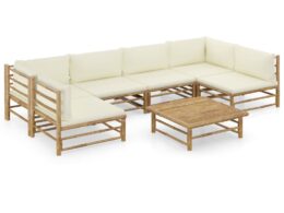vidaXL 7 Piece Patio Lounge Set with Cream White Cushions Bamboo