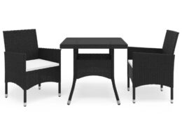 vidaXL 3 Piece Patio Dining Set Black Poly Rattan and Glass