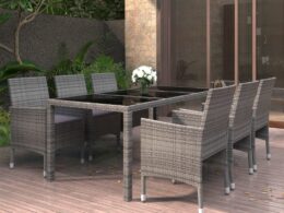 vidaXL 7 Piece Patio Dining Set Poly Rattan and Tempered Glass Gray