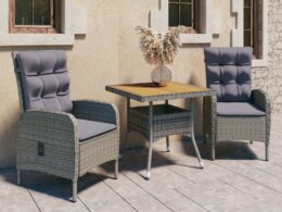 vidaXL 3 Piece Patio Dining Set Poly Rattan and Acacia Wood Gray