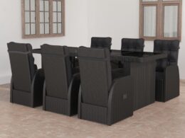 vidaXL 7 Piece Patio Dining Set with Cushions Poly Rattan Black