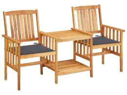 vidaXL Patio Chairs with Tea Table and Cushions Solid Acacia Wood