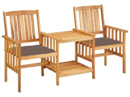 vidaXL Patio Chairs with Tea Table and Cushions Solid Acacia Wood