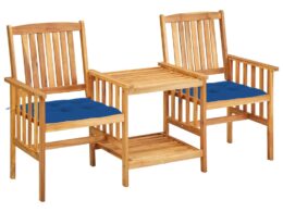 vidaXL Patio Chairs with Tea Table and Cushions Solid Acacia Wood