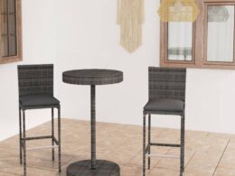 vidaXL 3 Piece Patio Bar Set with Cushions Poly Rattan Gray
