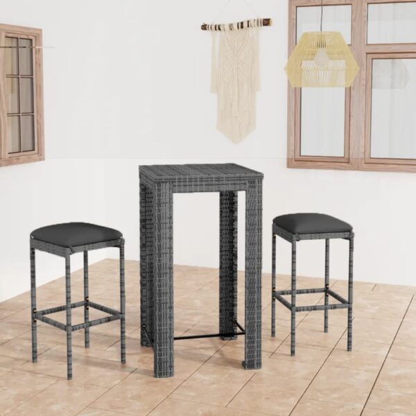 vidaXL 3 Piece Patio Bar Set with Cushions Poly Rattan Gray