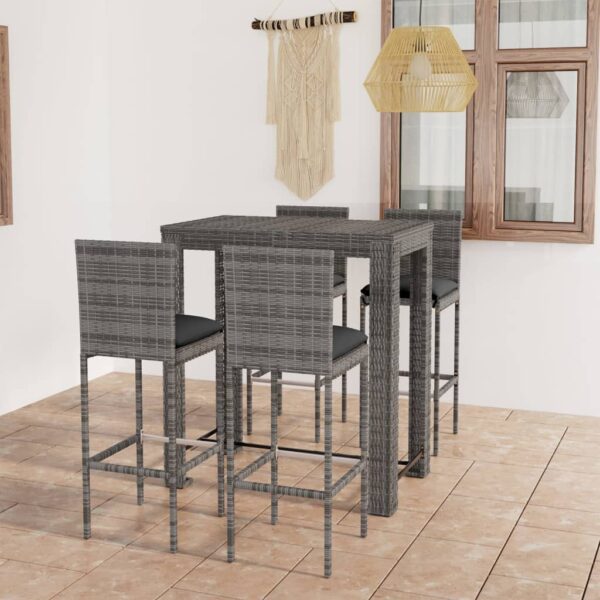 vidaXL 5 Piece Patio Bar Set with Cushions Poly Rattan Gray
