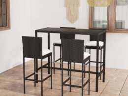 vidaXL 5 Piece Patio Bar Set with Cushions Poly Rattan Black