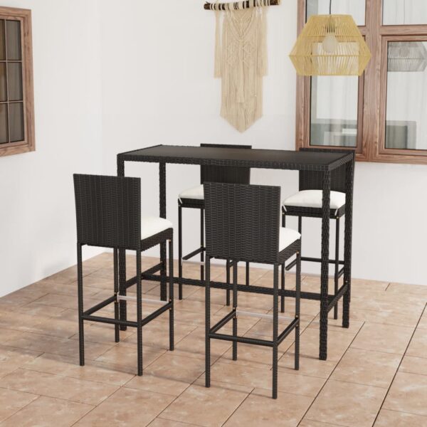 vidaXL 5 Piece Patio Bar Set with Cushions Poly Rattan Black