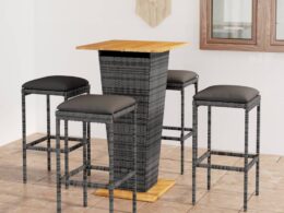 vidaXL 5 Piece Patio Bar Set with Cushions Poly Rattan Gray
